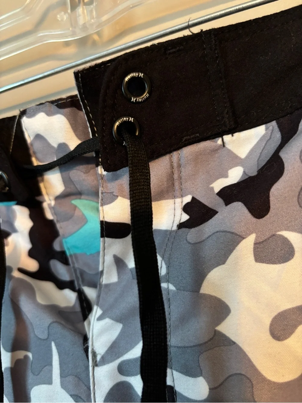 Hurley kids Gray Camouflage Swim Shorts with Teal Shark Accents